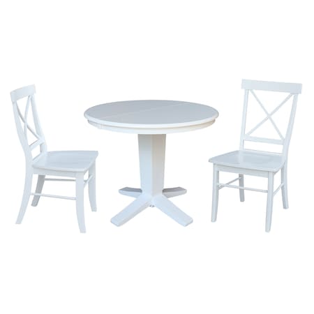 International Concepts 36 in. Solid Wood Round Extension Dining Table with 2 Dining Chairs in White K08-36RXT-23B-C613-2